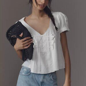 Anthropologie Pilcro Puff-Sleeve V-Neck Swing Blouse Top Vanilla
